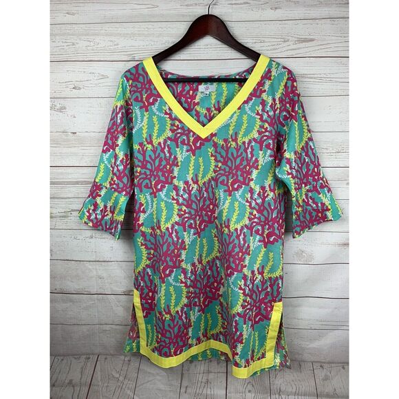WB Swim Cover Up/Tunic pink/teal/yellow seaweed print V-neck Ladies small - Picture 1 of 6